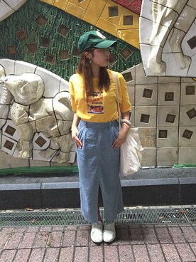 「古着屋さんのアイテム（スカート、ブルー系）」を使った、nakamura  shiorlさん（レディース・157cm）の秋コーディネート