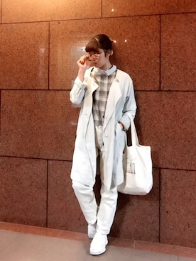 「flower（フラワー）のjelly check top  ～ジェリーチェックトップ（トップス、グレー系）」を使った、nakamura  shiorlさん（レディース・157cm）の秋コーディネート