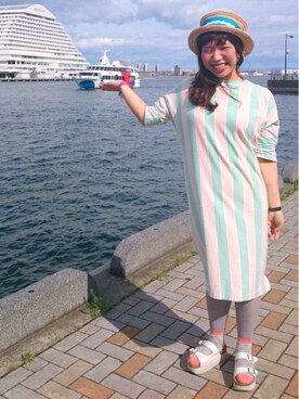 「kaorinomori（カオリノモリ）の【雑誌mer8月号掲載】【カオリノモリ】・ポークパイ（ハット）」を使った、もえさん（レディース・156cm）の夏コーディネート