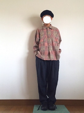 「CA4LA（カシラ）のクグロフ（ハンチング/ベレー帽、ブラック系）」を使った、鈴木さん（メンズ・162cm）の春コーディネート