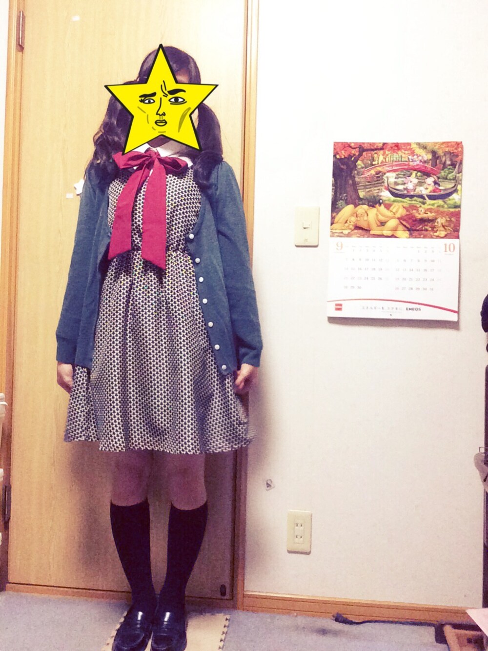 「白襟、ワンピース、お嬢様、ツインテール、ハイソックス、ローファー、JK、制服、コスプレみたい」｜「sangoのアイテム（ワンピース、ブラック系）」を使った、けにゃさん（レディース・155cm）の秋コーディネートの1枚目の写真