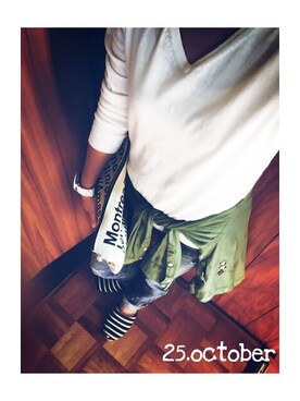 「MOUSSY（マウジー）のDENIM Damage Staight（デニムパンツ、ブルー系）」を使った、mizuhoさん（レディース・156cm）の秋コーディネート