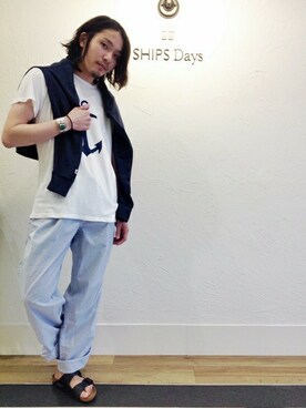 「アイテム（サンダル、ブルー系）」を使った、田村さん（メンズ・168cm）の春コーディネート