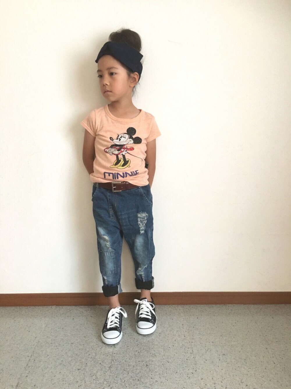 「キッズコーデ、女の子、ﾐｷﾐﾆﾌｪｽ、キミとミキミニフェス、ミニー」｜「koreaのアイテム（デニムパンツ、ブルー系）」を使った、mimamoさん（キッズ・110cm）の夏コーディネートの1枚目の写真