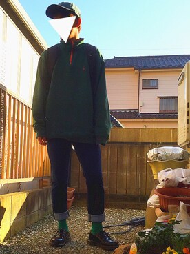 「古着のアイテム（スウェット、グリーン系）」を使った、ひかにんじんさん（メンズ・168cm）の秋コーディネート