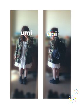「黒リュック」｜「アイテム（ミリタリージャケット）」を使った、umiさん（レディース・156cm）の冬コーディネート