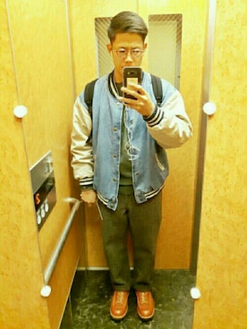 「学校」｜「アイテム（スタジャン）」を使った、PAPADOCさん（メンズ・172cm）の秋コーディネート