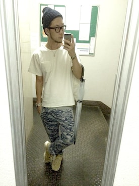 「青いTシャツ」｜「アイテム（帽子）」を使った、UENO YU→TAさん（メンズ・174cm）の夏コーディネート