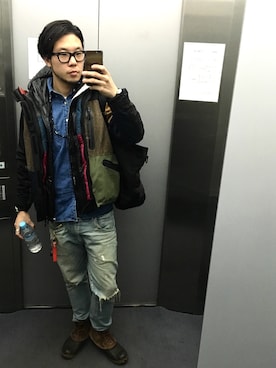 「アイテム（マウンテンパーカー、ブルー系）」を使った、UENO YU→TAさん（メンズ・174cm）の冬コーディネート