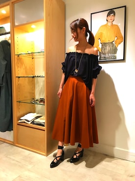 「アイテム（スカート、オレンジ系）」を使った、Nagatomoさん（レディース・158cm）の夏コーディネート