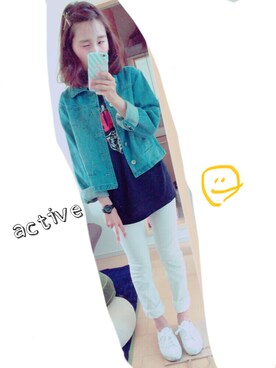 「アクティブ」｜「アイテム（デニムジャケット）」を使った、mさん（レディース・155cm）の春コーディネート
