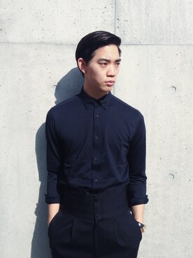 「JOHN LAWRENCE SULLIVAN（ジョンローレンスサリバン）のSHIRT（シャツ/ブラウス、ブルー系）」を使った、Yamazoe_Takuroさん（メンズ・185cm）の夏コーディネート