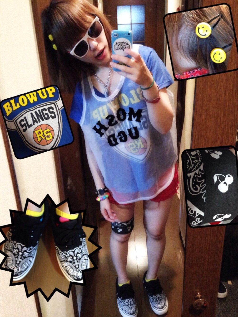 ブルー系のTシャツ/カットソー、その他のスニーカー、シルバー系のネックレスを着用したレディースの夏コーディネートの1枚目の写真