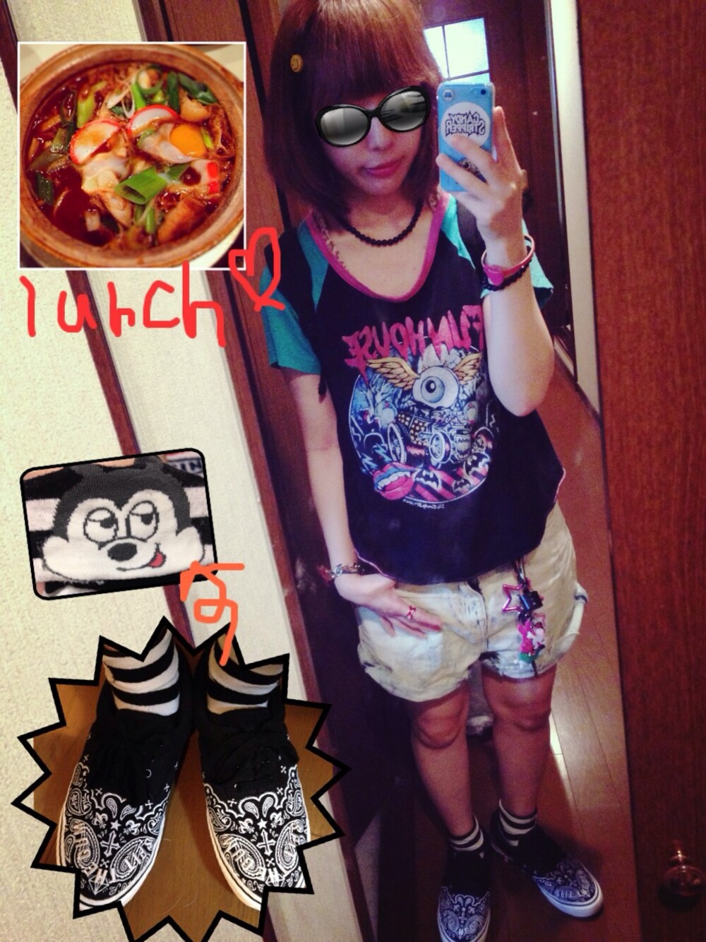 その他のスニーカー、グリーン系のTシャツ/カットソー、ブラック系のソックス/靴下を着用したレディースの夏コーディネートの1枚目の写真