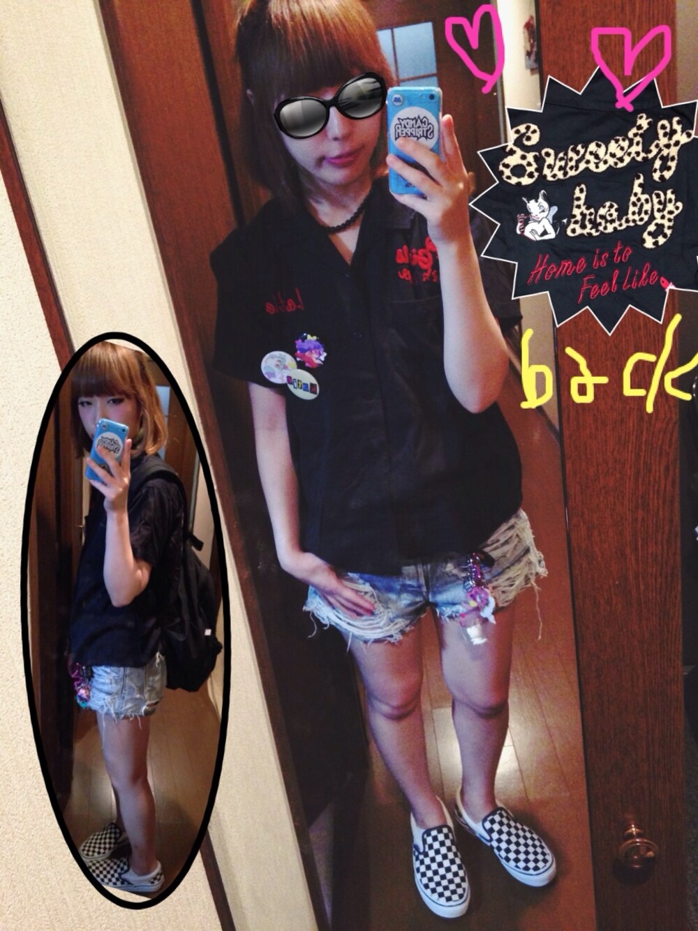 ブラック系のシャツ/ブラウスを着用したレディースの夏コーディネートの1枚目の写真