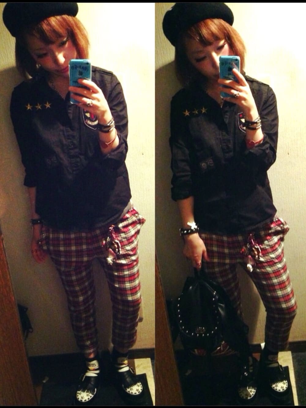 レッド系のその他パンツ、ブラック系のハンチング/ベレー帽、ブラック系のソックス/靴下を着用したレディースの秋コーディネートの1枚目の写真