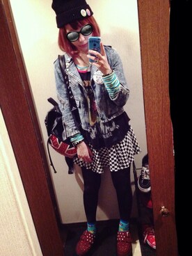 「Candy Stripper」｜「アイテム（ライダースジャケット）」を使った、ちゃそさん（レディース・161cm）の秋コーディネート