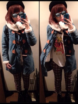 「ロング丈ダッフル」｜「アイテム（ハンチング/ベレー帽）」を使った、ちゃそさん（レディース・161cm）の冬コーディネート
