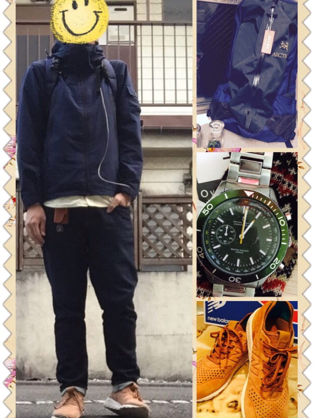 ブルー系のバックパック/リュック、ベージュ系のスニーカー、ブルー系のデニムパンツを着用したメンズの秋コーディネートの1枚目の写真