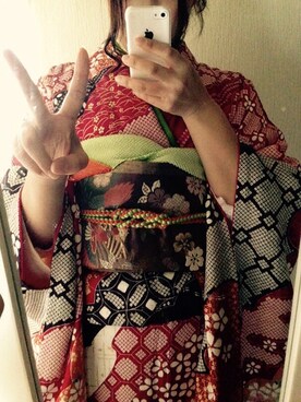 「アイテム（水着/着物・浴衣、レッド系）」を使った、vascoさん（レディース・163cm）の冬コーディネート