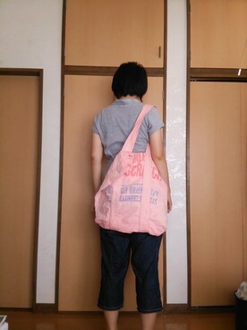 「洗濯物出来る素敵なカバン（トートバッグ、ピンク系）」を使った、るぴさん（レディース・167cm）の夏コーディネート