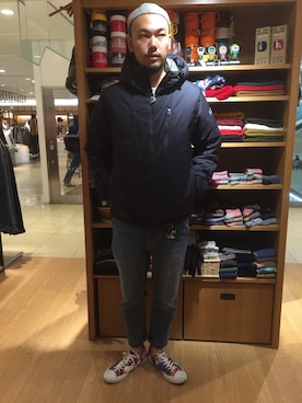 「MANASTASH（マナスタッシュ）のアイテム（ダウンジャケット/コート）」を使った、すずき ともたかさん（メンズ・183cm）の秋コーディネート