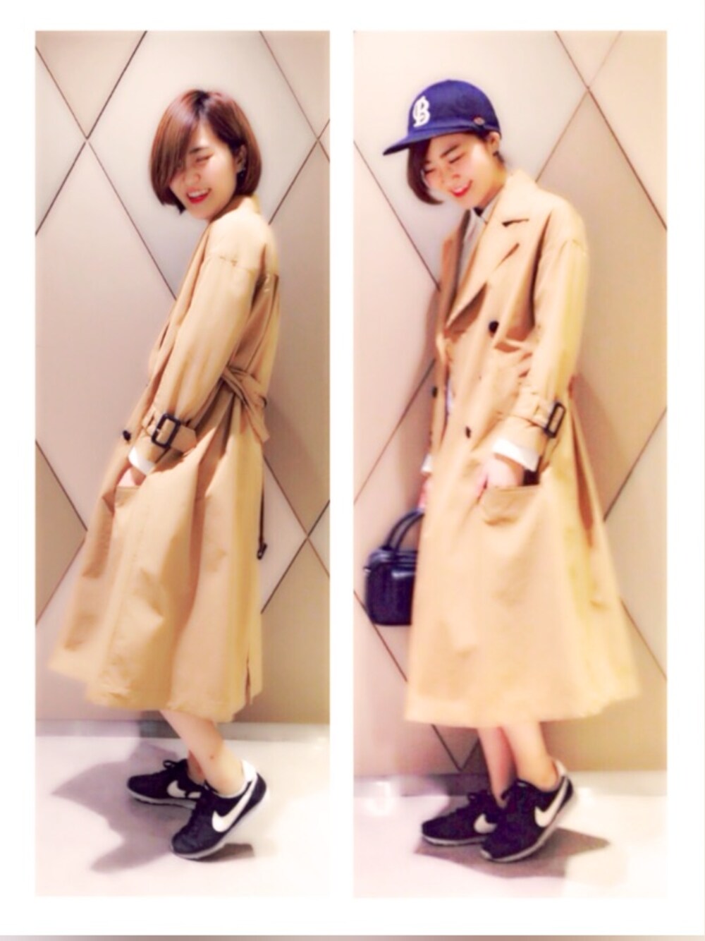 ホワイト系のワンピース、ブラック系のスニーカー、ベージュ系のトレンチコートを着用したレディースの冬コーディネートの1枚目の写真