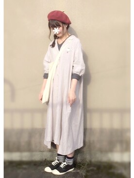 「ボーダーソックス」｜「アイテム（シャツワンピース）」を使った、mugi *さん（レディース・157cm）の秋コーディネート