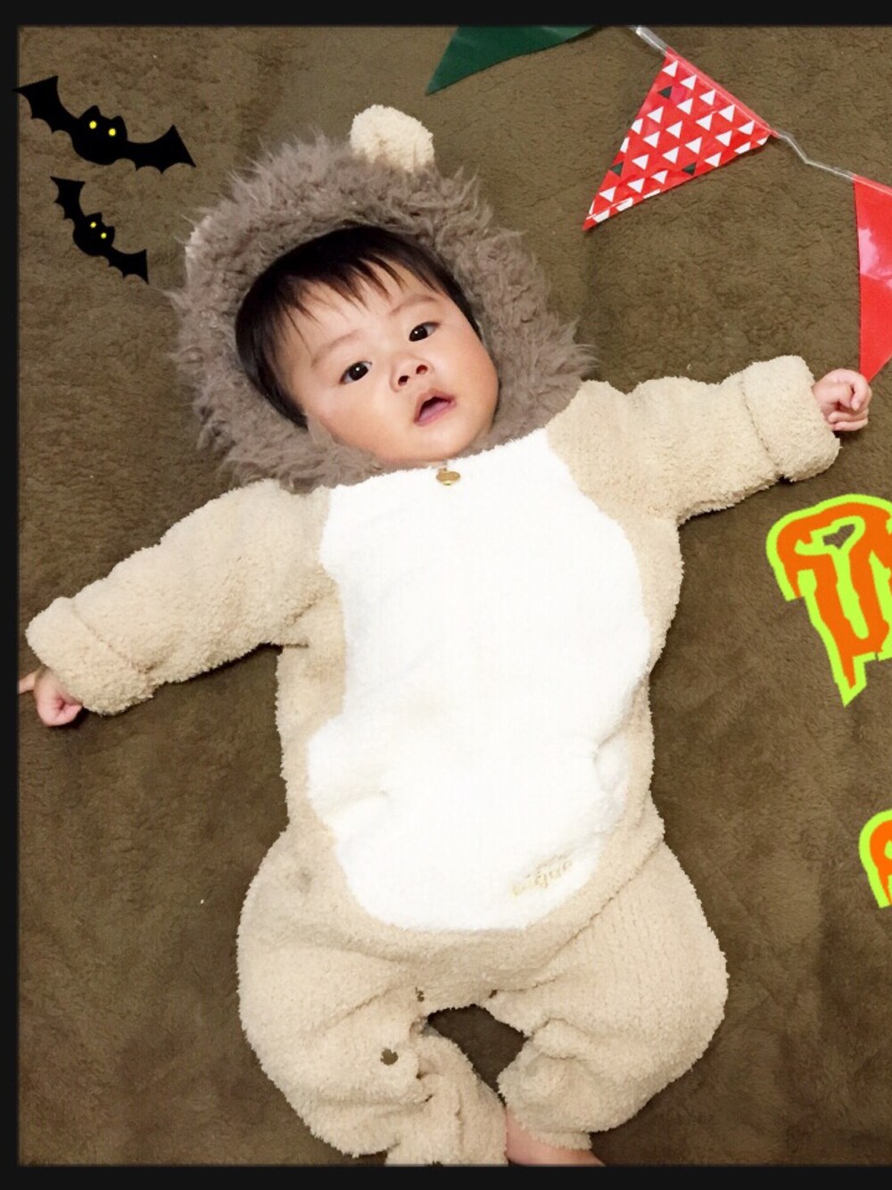 「ハロウィン#️⃣ジェラピケ#️⃣4ヶ月#️⃣男の子」｜「gelato piqueのアイテム（サロペット/オーバーオール、ベージュ系）」を使った、たそさん（レディース・159cm）の秋コーディネートの1枚目の写真