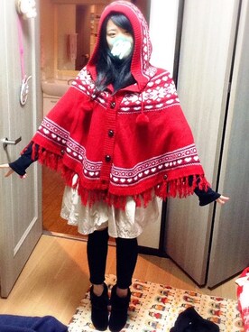 「Honeys（ハニーズ）のアイテム（ポンチョ）」を使った、あーちゃんさん（レディース・151cm）の秋コーディネート
