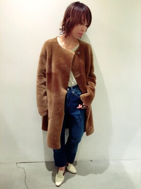 「LEE」｜「アイテム（ムートンコート）」を使った、Yuka Ozawaさん（レディース・153cm）の秋コーディネート