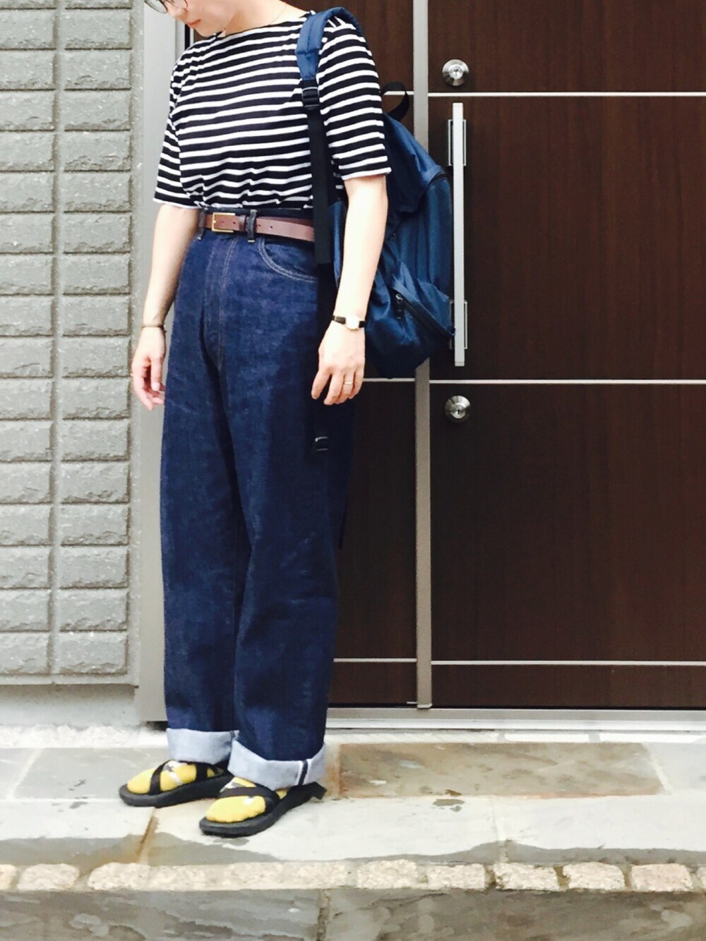 「秋コーデ、シンプルコーデ、denim、アナトミカ、ボーダー」｜「charpentier de vaisseauのアイテム（Tシャツ/カットソー、ブラック系）」を使った、na.さん（レディース・160cm）の秋コーディネートの1枚目の写真
