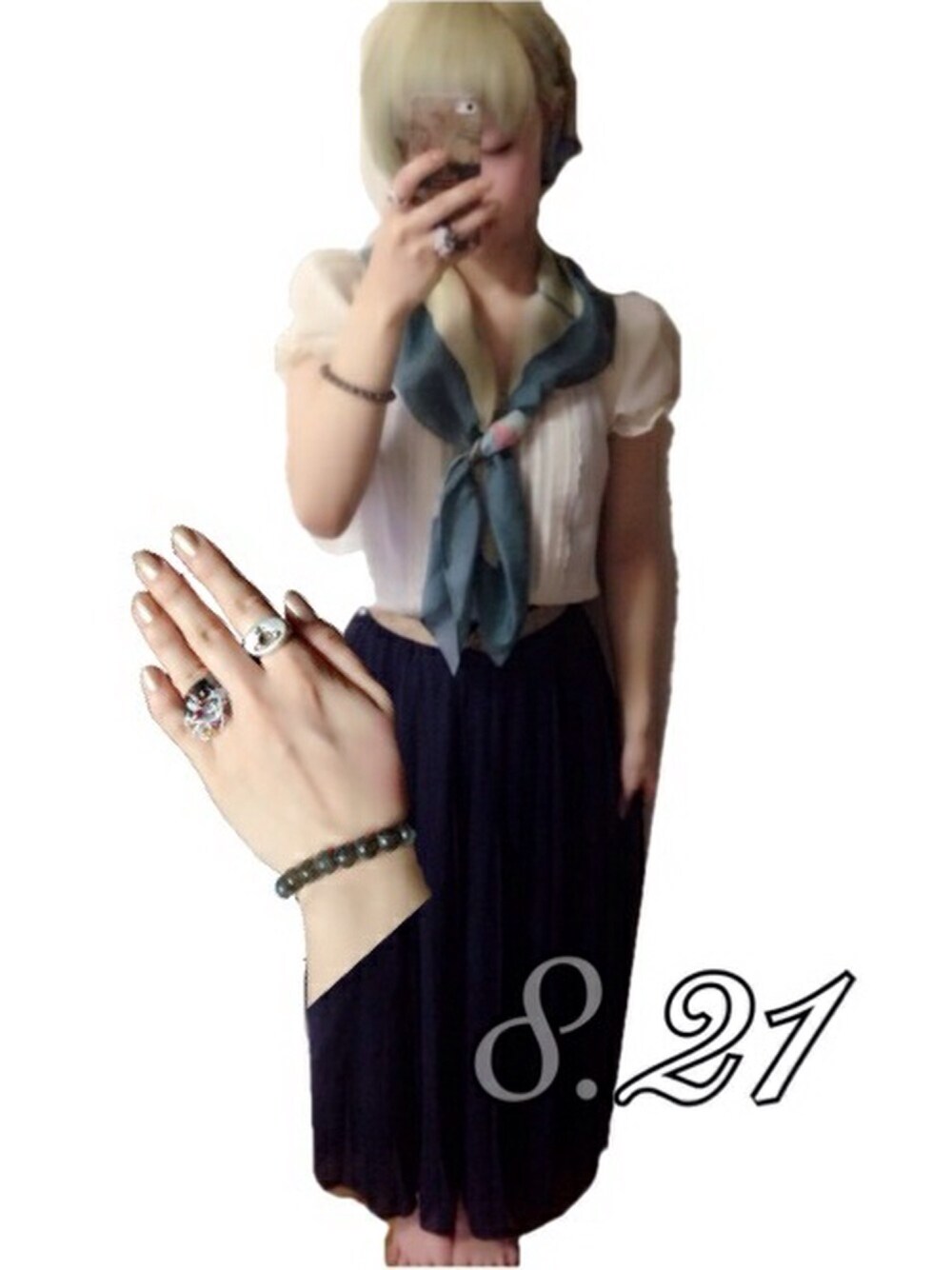 「全身古着、スカーフ、ロングスカート、Vivienne Westwood、stil de veronica、パワーストーン、TORQUATA」｜「Vivienne Westwoodのシールリング（リング、シルバー系）」を使った、サクラさん（レディース・156cm）の夏コーディネートの1枚目の写真