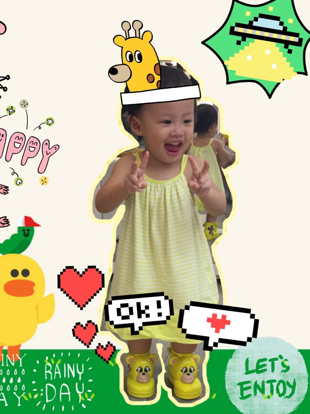 「rainyday、babygap、happy」｜「babyGAPのアイテム（ワンピース、イエロー系）」を使った、Säraさん（キッズ・80cm）の秋コーディネートの1枚目の写真