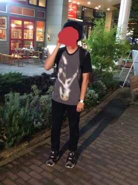 「HARE（ハレ）のボカシロックプリントTEE(HARE)（Tシャツ/カットソー、ブラック系）」を使った、yasuさん（メンズ・173cm）の秋コーディネート