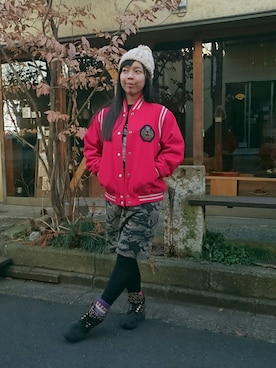 「迷彩スカート」｜「アイテム（ジャケット/アウター）」を使った、Chie＊さん（レディース・159cm）の冬コーディネート