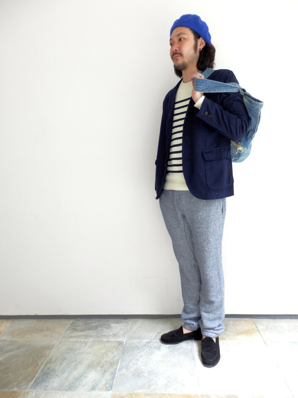 「紺ブレ、スウェットアイテム、デートスタイル、ピクニック、ボーダー トップス」｜「【SONTAKU】 OXFORD SHIRT JACKET
（テーラードジャケット、ブルー系）」を使った、goさん（メンズ・173cm）の春コーディネートの1枚目の写真