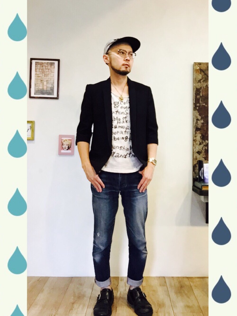 「WEGOのアイテム（テーラードジャケット、ブラック系）」を使った、tmyoungerさん（メンズ・170cm）の夏コーディネートの1枚目の写真