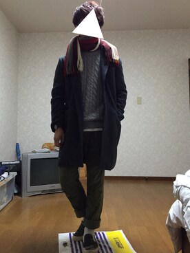 「カモ柄」｜「アイテム（チェスターコート）」を使った、かにかまさん（メンズ・170cm）の冬コーディネート