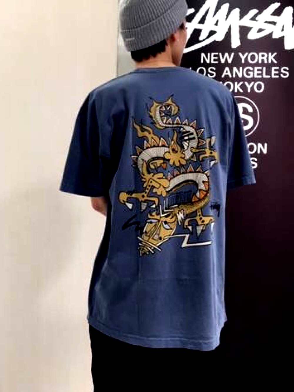 「stussy、Dragon、ウォッシュ、T-SHIRT、ニット帽、ネイビー、バックプリント、ストリート、スケータースタイル」｜「STUSSYのDrag On（Tシャツ/カットソー、ブルー系）」を使った、SEI_MSDさん（メンズ・176cm）の春コーディネートの1枚目の写真