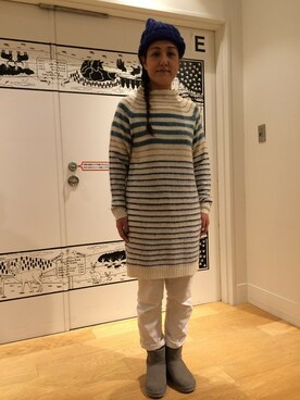 「coen（コーエン）のモヘヤミックスパネルボーダーニットワンピース（ワンピース、ホワイト系）」を使った、モナコさん（レディース・165cm）の秋コーディネート