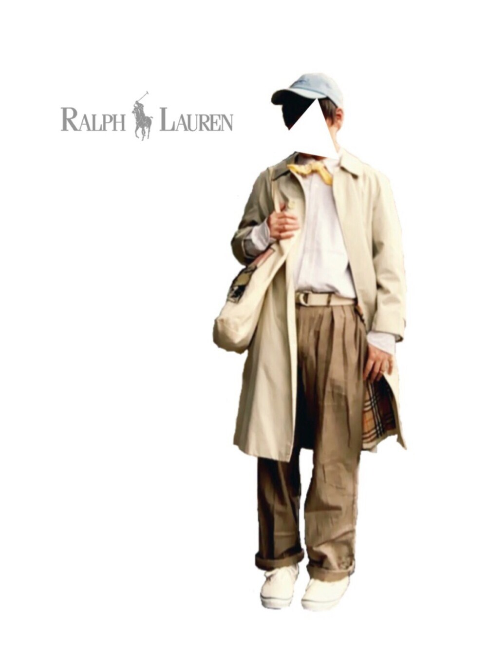 ベージュ系のステンカラーコート、ベージュ系のトートバッグ、ベージュ系のその他パンツを着用したメンズの夏コーディネートの1枚目の写真