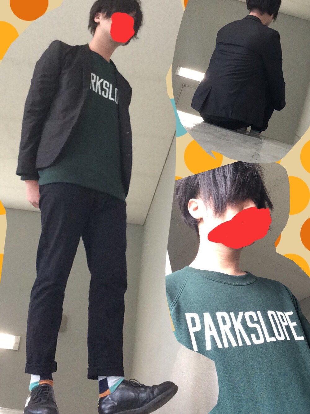 「PARKSLOPE、革靴、柄ソックス、スウェット、ジャケット、靴下屋」｜「不明のアイテム（スウェット、グリーン系）」を使った、うめさん（メンズ・179cm）の秋コーディネートの1枚目の写真