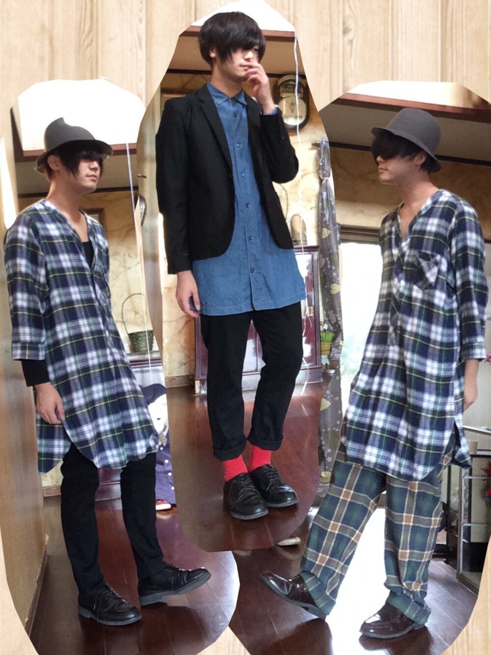 「柄パンツ、柄シャツ、チェックシャツ、チェック、チェックパンツ、帽子、ハット、赤靴下、革靴、ジャケット」｜「古着のアイテム（シャツ/ブラウス、グリーン系）」を使った、うめさん（メンズ・179cm）の秋コーディネートの1枚目の写真