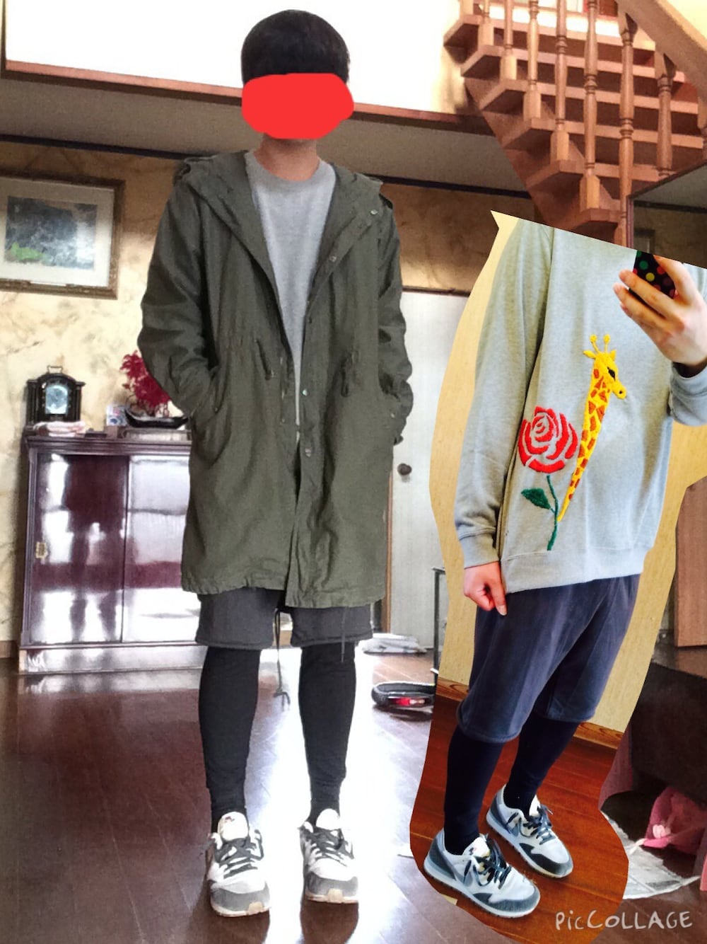 「UNIQLOコーデ、UNIQLO、UNIQLO スウェット、スウェット、刺繍、リメイク、モッズコート、スニーカー、ナイキスニーカー、ナイキ」｜「UNIQLOのアイテム（スウェット、グレー系）」を使った、うめさん（メンズ・179cm）の秋コーディネートの1枚目の写真