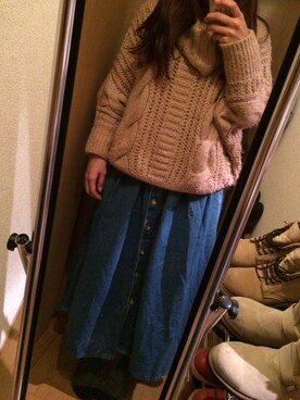 「no brand（ノーブランド）のアイテム（デニムスカート、ブルー系）」を使った、はとぽっぽさん（レディース・158cm）の冬コーディネート