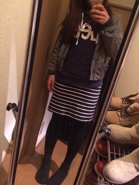 「UNIQLO（ユニクロ）のアイテム（スカート、ブルー系）」を使った、はとぽっぽさん（レディース・158cm）の冬コーディネート