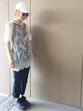 「jouetie（ジュエティ）のレースBIG T（Tシャツ/カットソー、ホワイト系）」を使った、ｙさん（レディース）の夏コーディネート