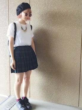 「UNIQLO（ユニクロ）のMEN ドライカラークルーネックT（半袖）（Tシャツ/カットソー、ホワイト系）」を使った、ｙさん（レディース）の夏コーディネート