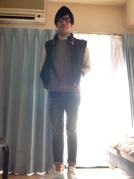 「アイテム（スタジャン、ブルー系）」を使った、Hirokiさん（メンズ・172cm）の冬コーディネート